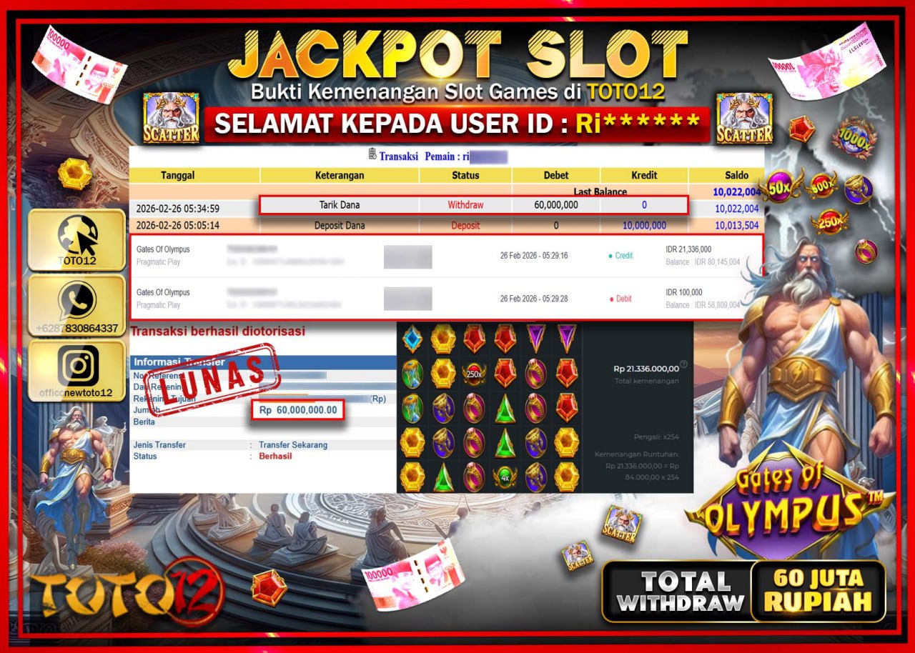 HANYA DI TOTO12 JP PASTI DI BAYAR LUNAS DAN CEPAT!!!!!! JACKPOT SLOT GAME (GATES OF OLYMPUS) Rp.60.000.000!!!!