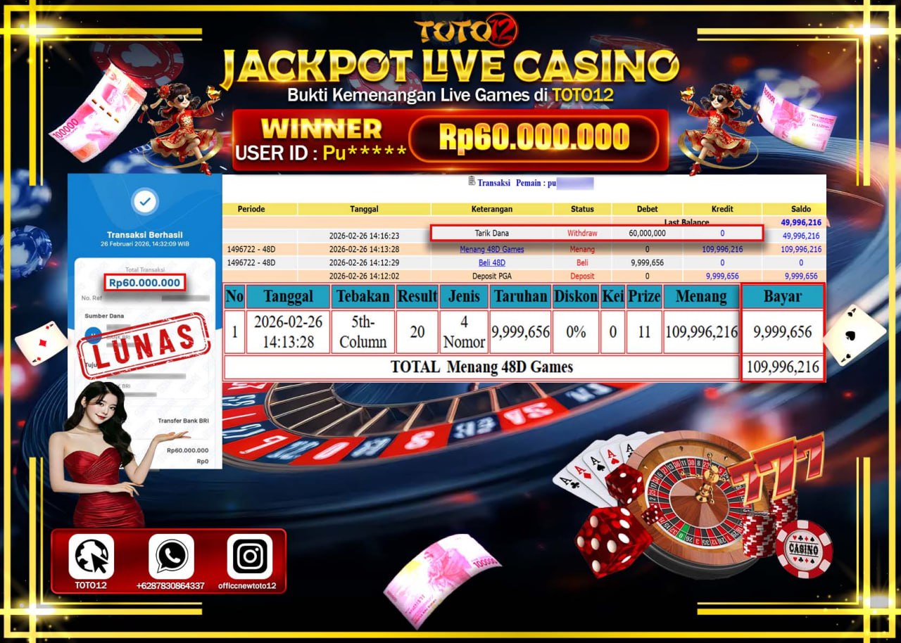 HANYA DI TOTO12 JP PASTI DI BAYAR LUNAS DAN CEPAT!!!!!! JACKPOT  LIVE GAME CASINO (48D) Rp.60.000.000!!!!