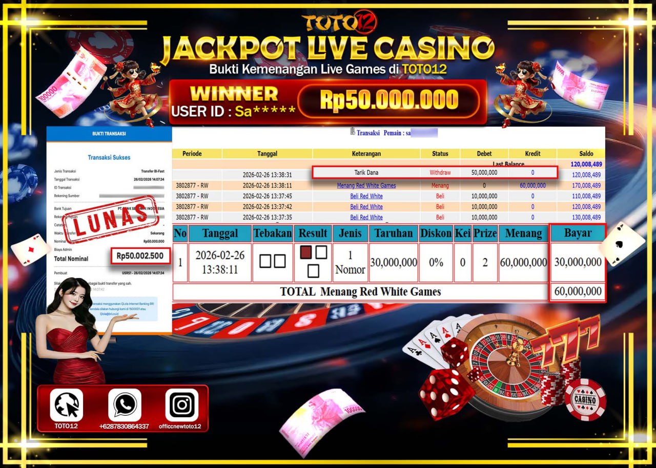 HANYA DI TOTO12 JP PASTI DI BAYAR LUNAS DAN CEPAT!!!!!! JACKPOT  LIVE GAME CASINO (RED WHITE) Rp.50.000.000!!!!