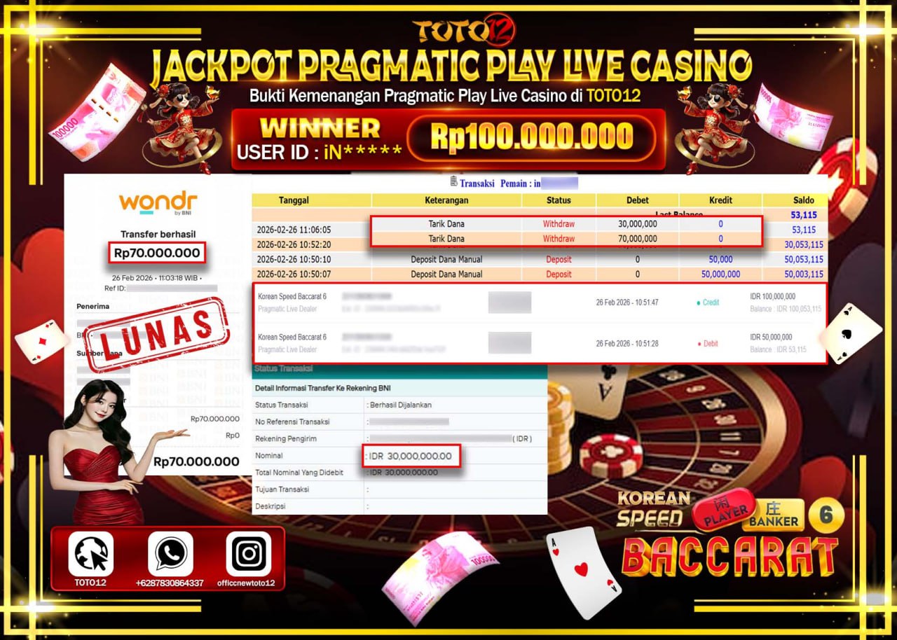 HANYA DI TOTO12 JP PASTI DI BAYAR LUNAS DAN CEPAT!!!!!! JACKPOT PRAGMATIC PLAY LIVE GAME CASINO (KOREA SPEED BACCARAT 6) Rp.100.000.000!!!!