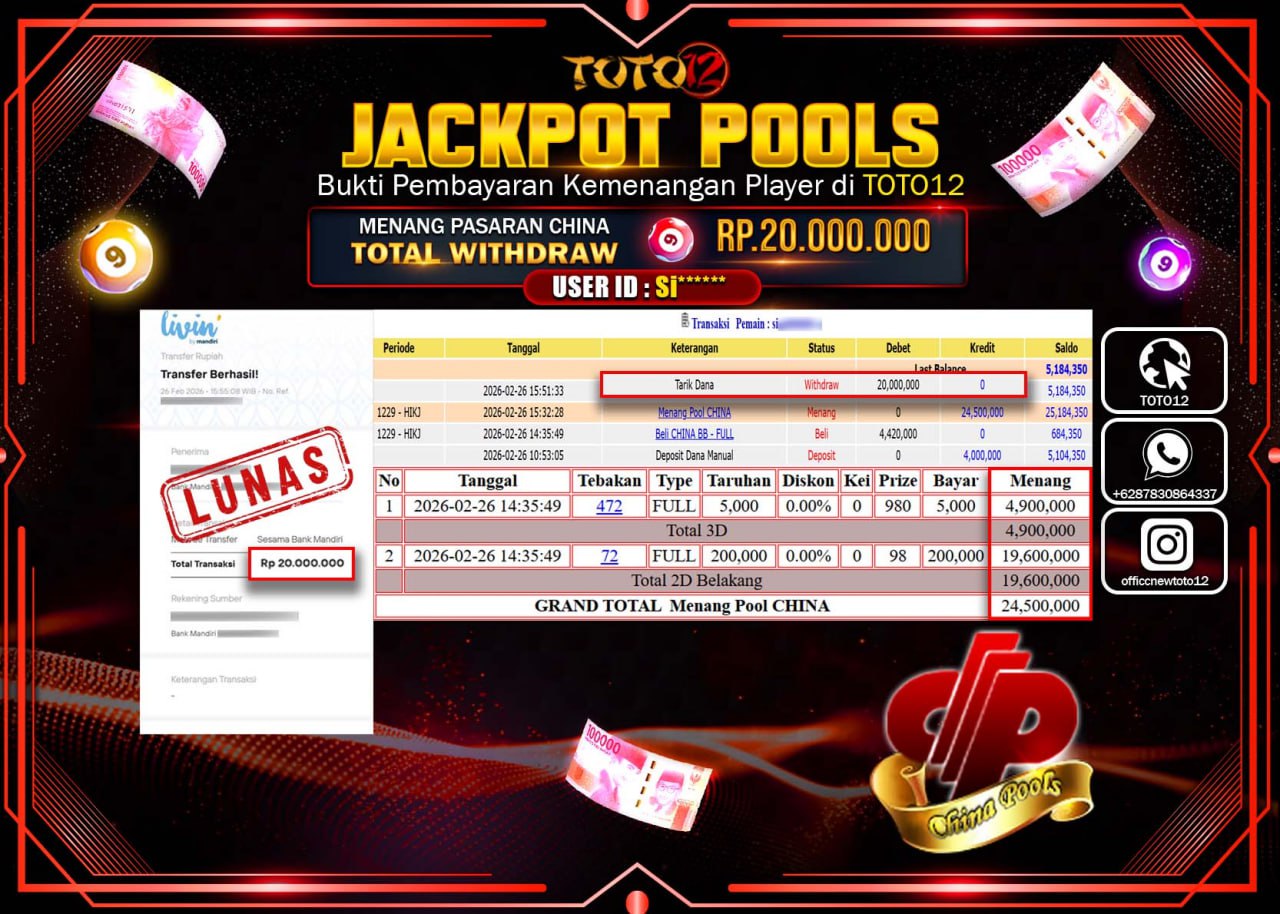 HANYA DI TOTO12 JP PASTI DI BAYAR LUNAS DAN CEPAT!!!!!! JACKPOT POOLS PASARAN (CHINA) Rp.20.000.000!!!!