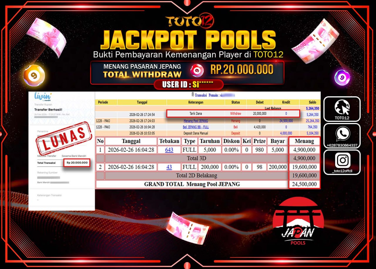 HANYA DI TOTO12 JP PASTI DI BAYAR LUNAS DAN CEPAT!!!!!! JACKPOT POOLS PASARAN (JEPANG) Rp.20.000.000!!!!