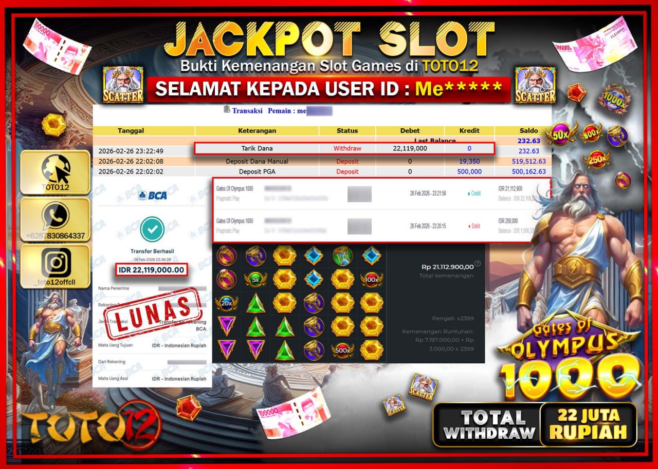 HANYA DI TOTO12 JP PASTI DI BAYAR LUNAS DAN CEPAT!!!!!! JACKPOT SLOT GAME (GATES OF OLYMPUS 1000) Rp.22.119.000!!!!