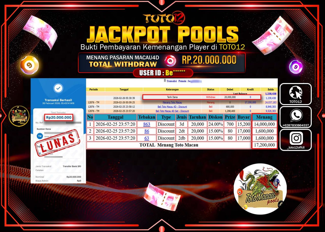 HANYA DI TOTO12 JP PASTI DI BAYAR LUNAS DAN CEPAT!!!!!! JACKPOT POOLS PASARAN (MACAU 4D) Rp.20.000.000!!!!