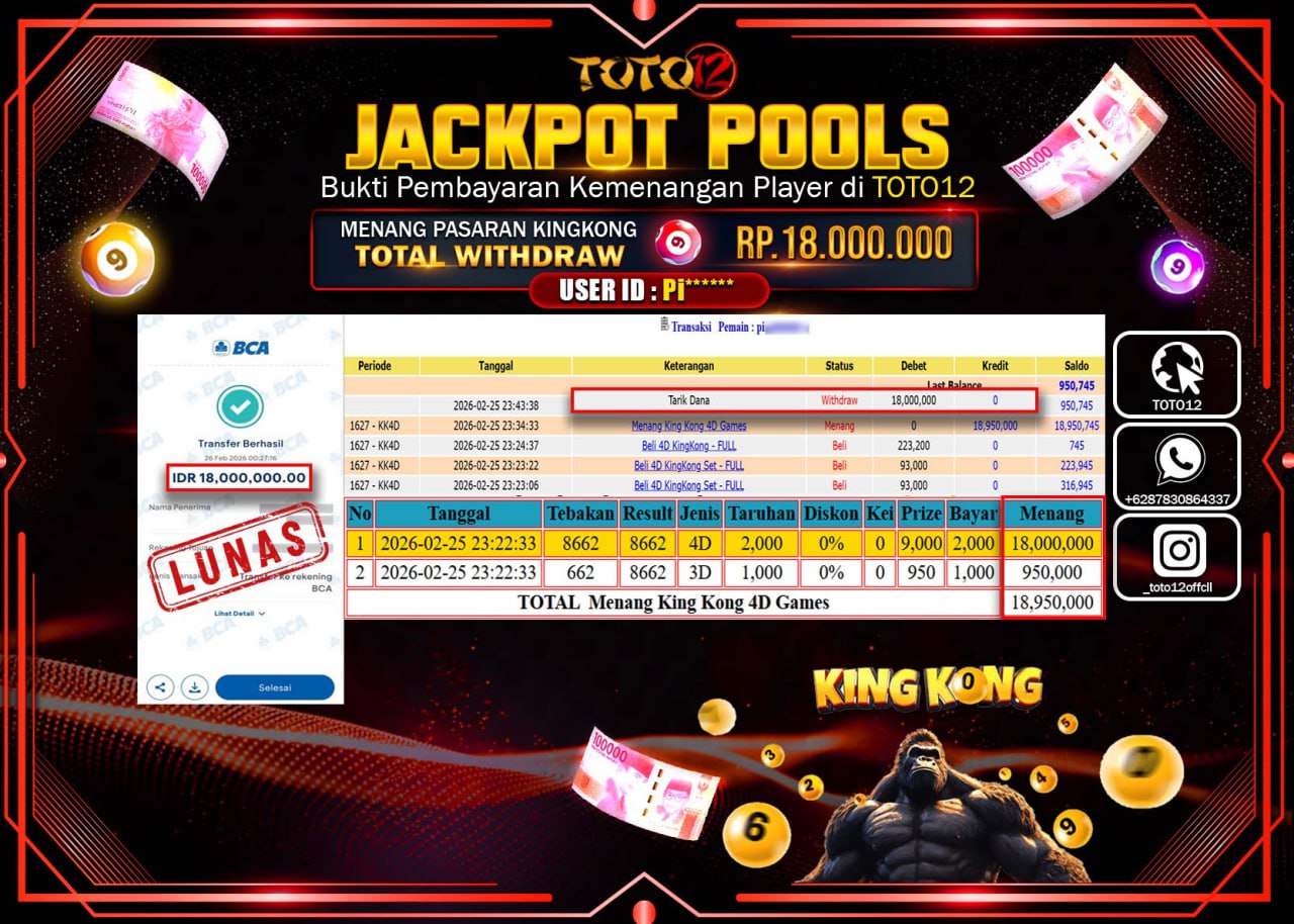 HANYA DI TOTO12 JP PASTI DI BAYAR LUNAS DAN CEPAT!!!!!! JACKPOT POOLS PASARAN (KINGKONG 4D) Rp.18.000.000!!!!