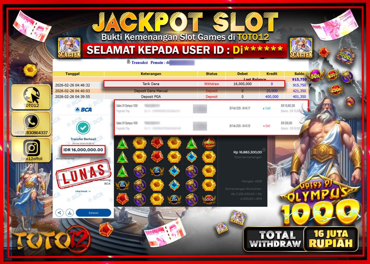 HANYA DI TOTO12 JP PASTI DI BAYAR LUNAS DAN CEPAT!!!!!! JACKPOT SLOT GAME (GATES OF OLYMPUS 1000) Rp.16.000.000!!!!