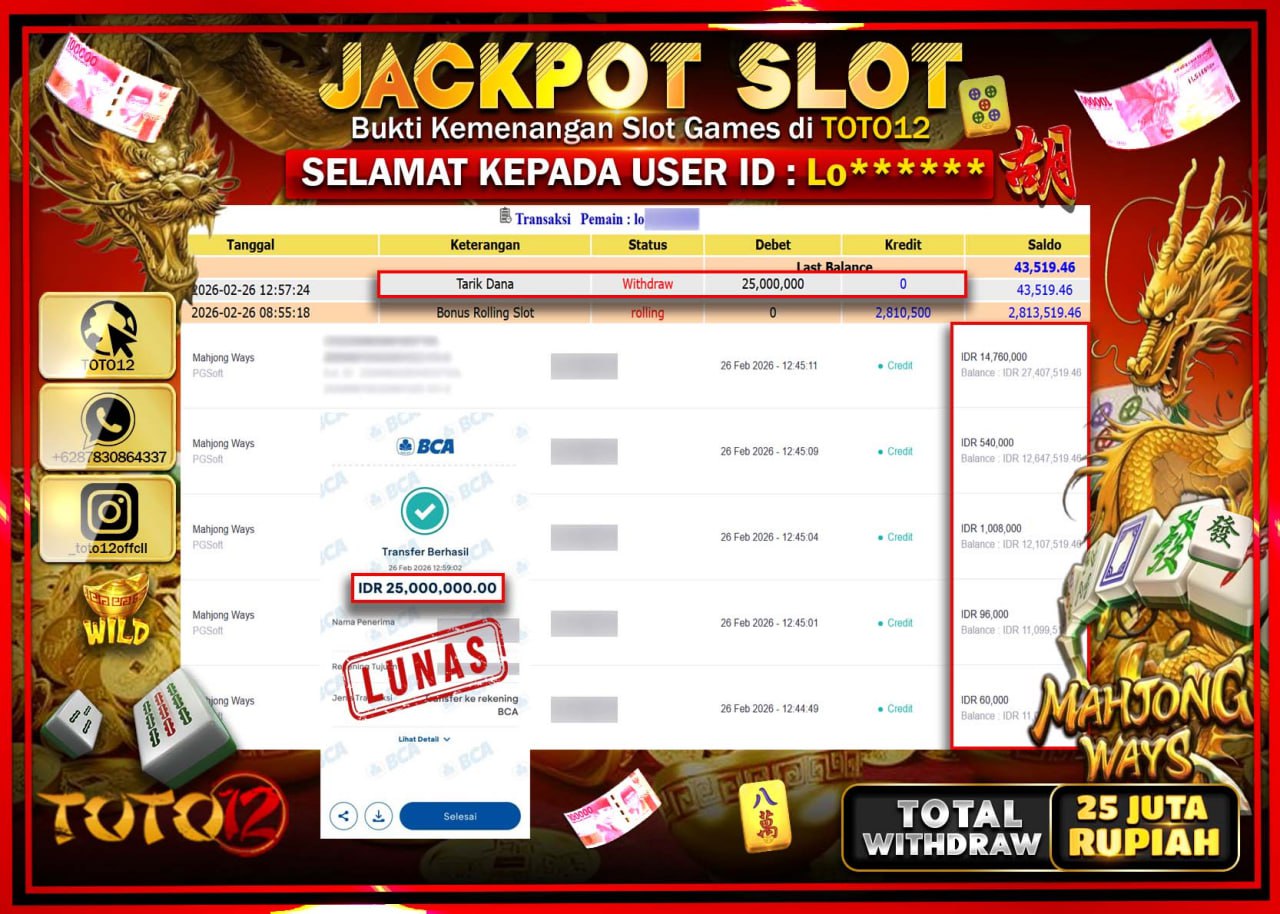 HANYA DI TOTO12 JP PASTI DI BAYAR LUNAS DAN CEPAT!!!!!! JACKPOT SLOT GAME (MAHJONG WAYS) Rp.25.000.000!!!!