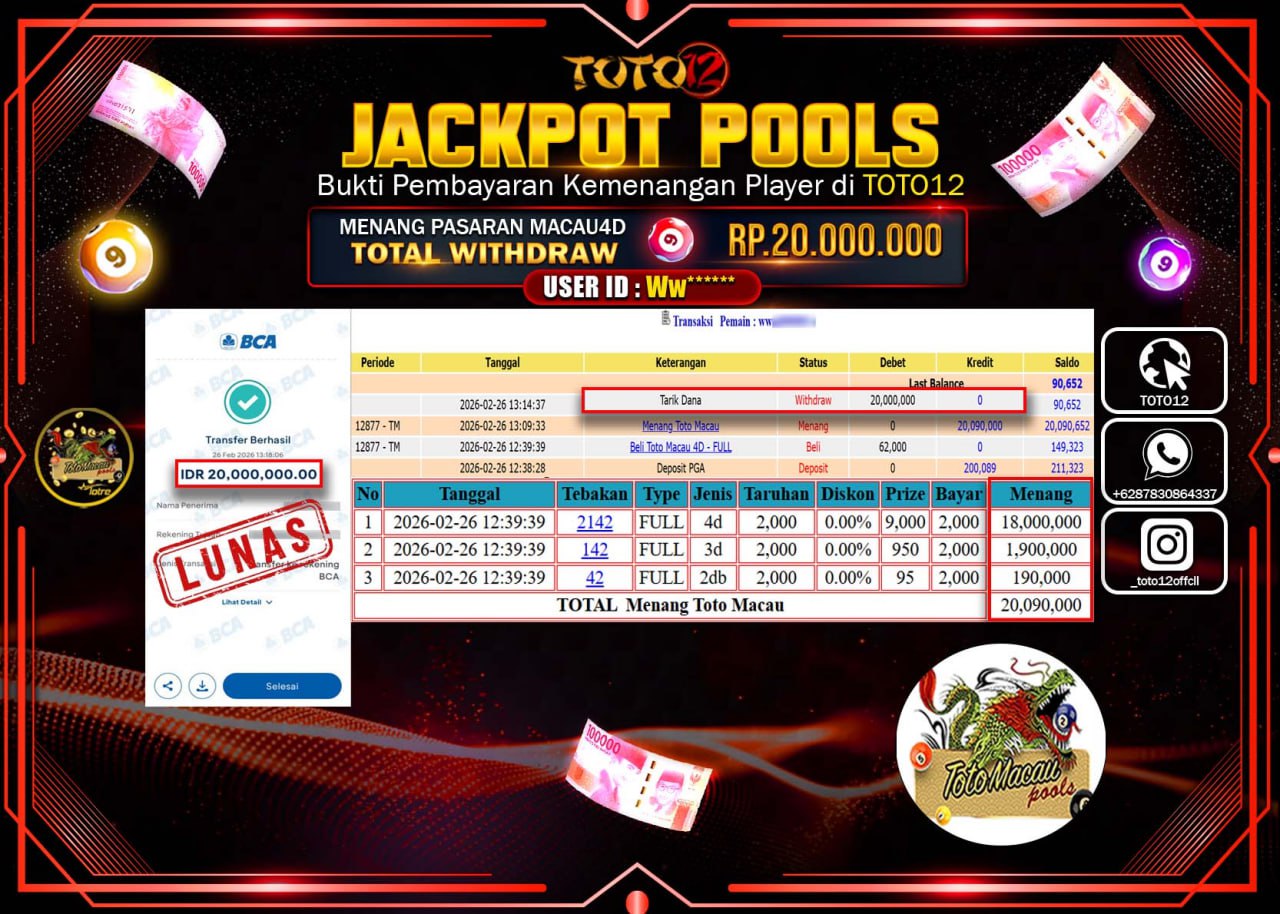 HANYA DI TOTO12 JP PASTI DI BAYAR LUNAS DAN CEPAT!!!!!! JACKPOT POOLS PASARAN (MACAU 4D) Rp.20.000.000!!!!