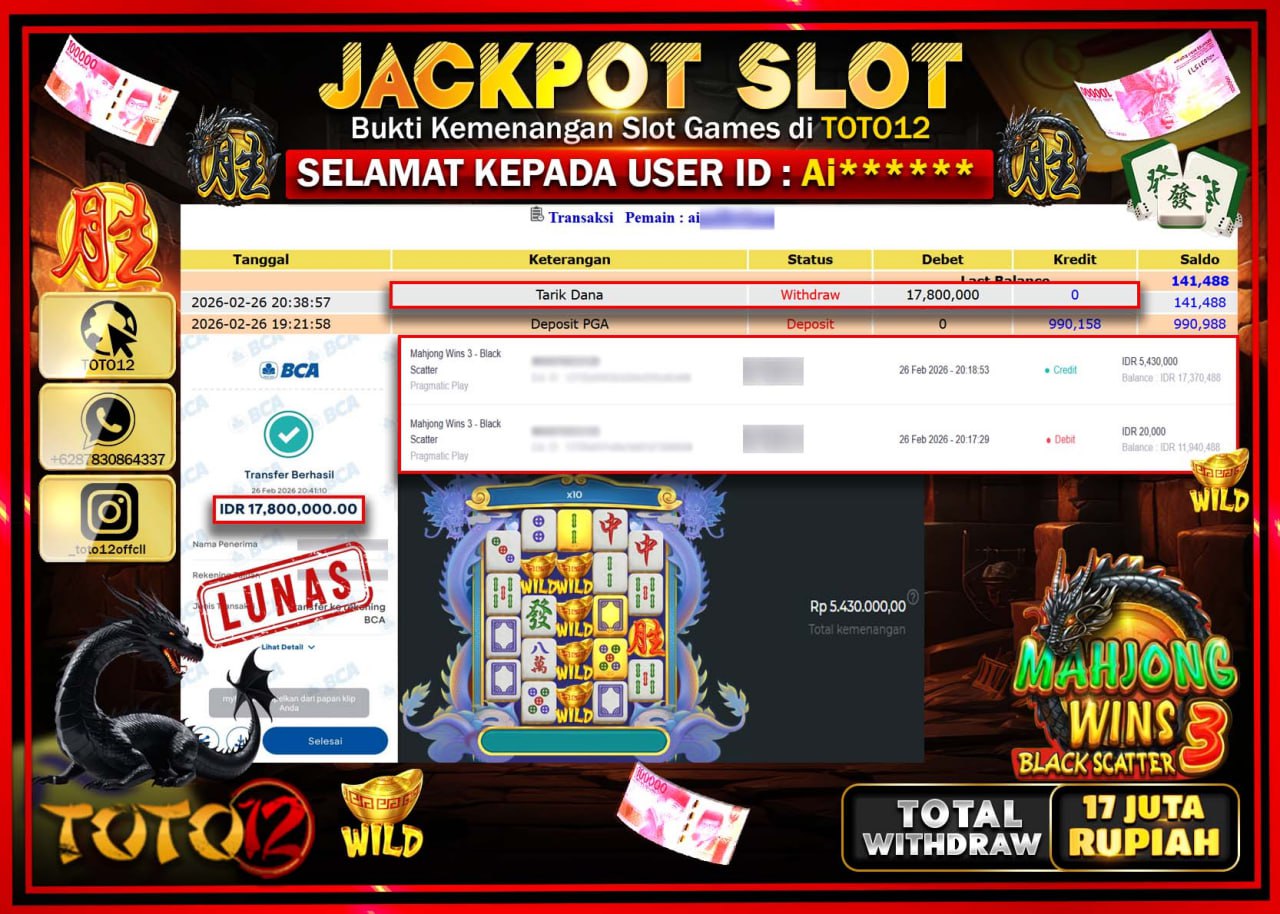 HANYA DI TOTO12 JP PASTI DI BAYAR LUNAS DAN CEPAT!!!!!! JACKPOT SLOT GAME (MAHJONG WINS 3 BLACK SCATTER) Rp.17.800.000!!!!