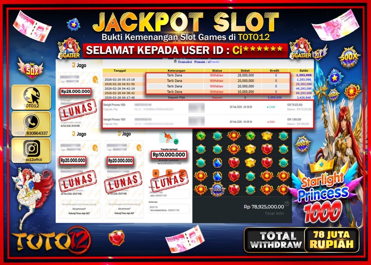 HANYA DI TOTO12 JP PASTI DI BAYAR LUNAS DAN CEPAT!!!!!! JACKPOT SLOT GAME (STARLIGHT PRINCESS 1000) Rp.78.000.000!!!!