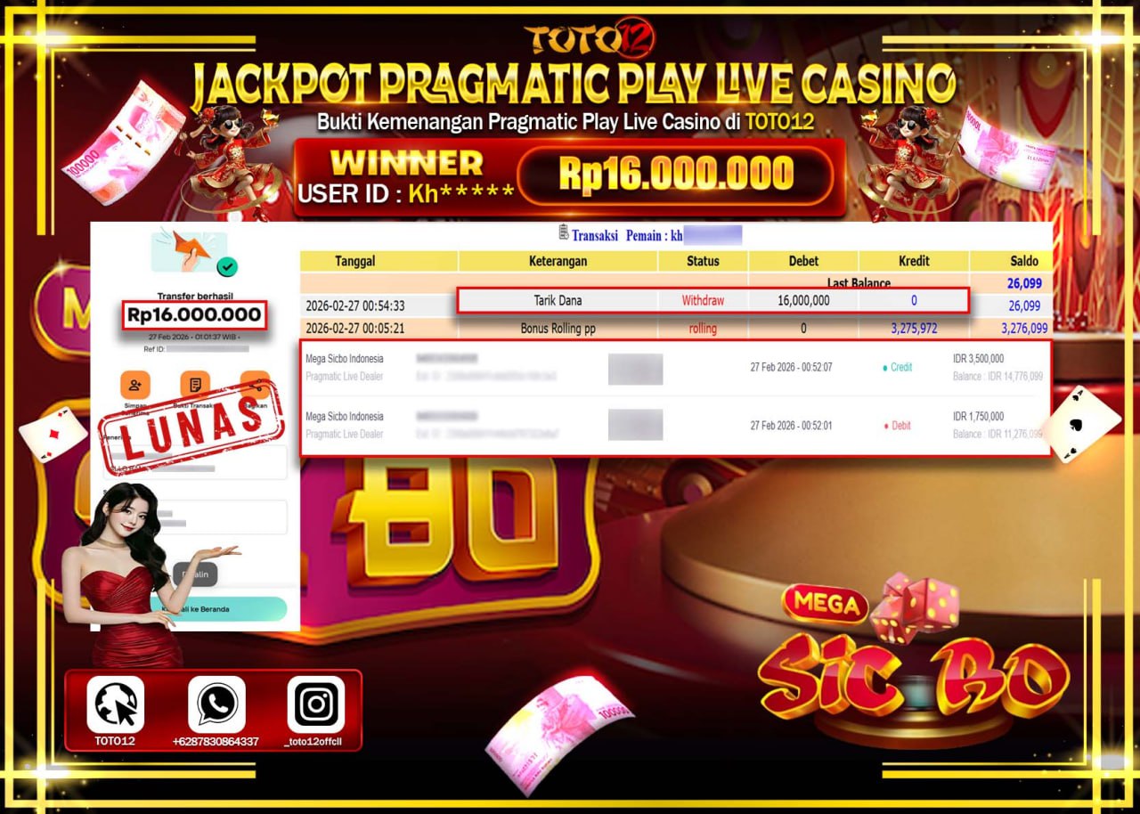 HANYA DI TOTO12 JP PASTI DI BAYAR LUNAS DAN CEPAT!!!!!! JACKPOT PRAGMATIC PLAY LIVE GAME CASINO (MEGA SICBO INDONESIA) Rp.16.000.000!!!!