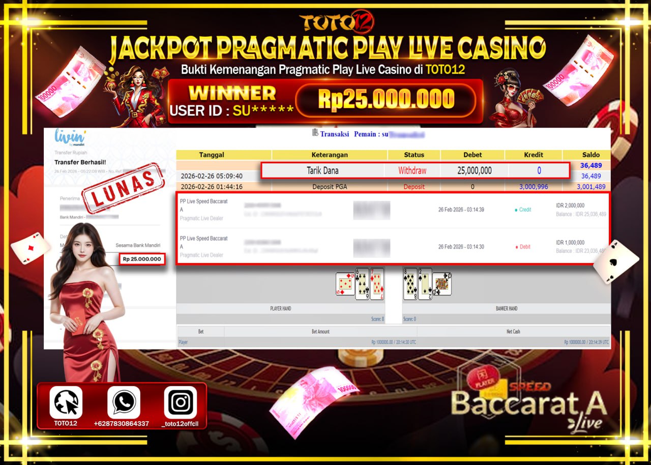 HANYA DI TOTO12 JP PASTI DI BAYAR LUNAS DAN CEPAT!!!!!! JACKPOT PRAGMATIC PLAY LIVE GAME CASINO (PP LIVE SPEED BACCARAT A) Rp.25.000.000!!!!