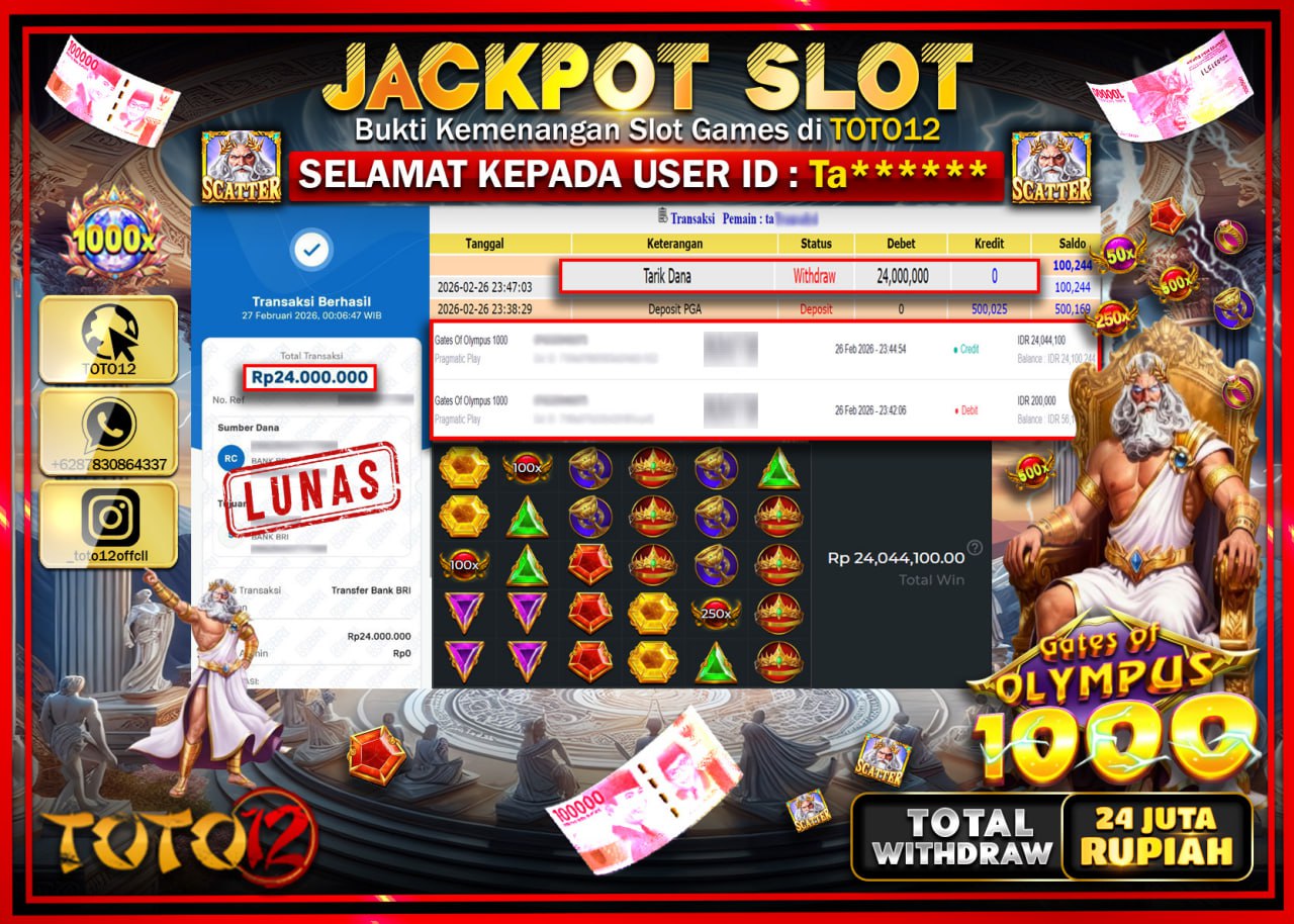 HANYA DI TOTO12 JP PASTI DI BAYAR LUNAS DAN CEPAT!!!!!! JACKPOT SLOT GAME (GATES OF OYLMPUS 1000) Rp.24.000.000!!!!
