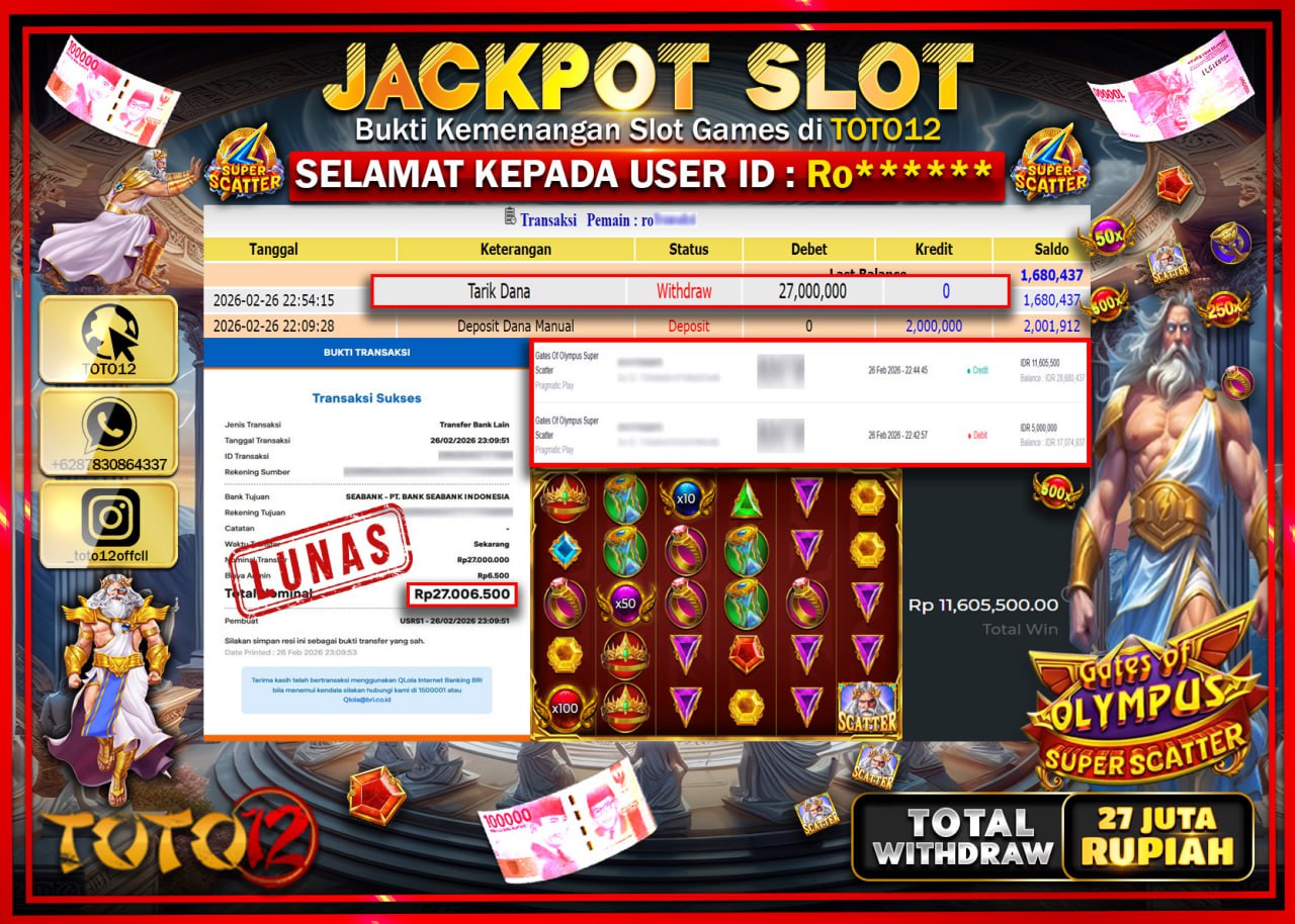 HANYA DI TOTO12 JP PASTI DI BAYAR LUNAS DAN CEPAT!!!!!! JACKPOT SLOT GAME (GATES OF OLYMPUS SUPER SCATTER) Rp.27.000.000!!!!