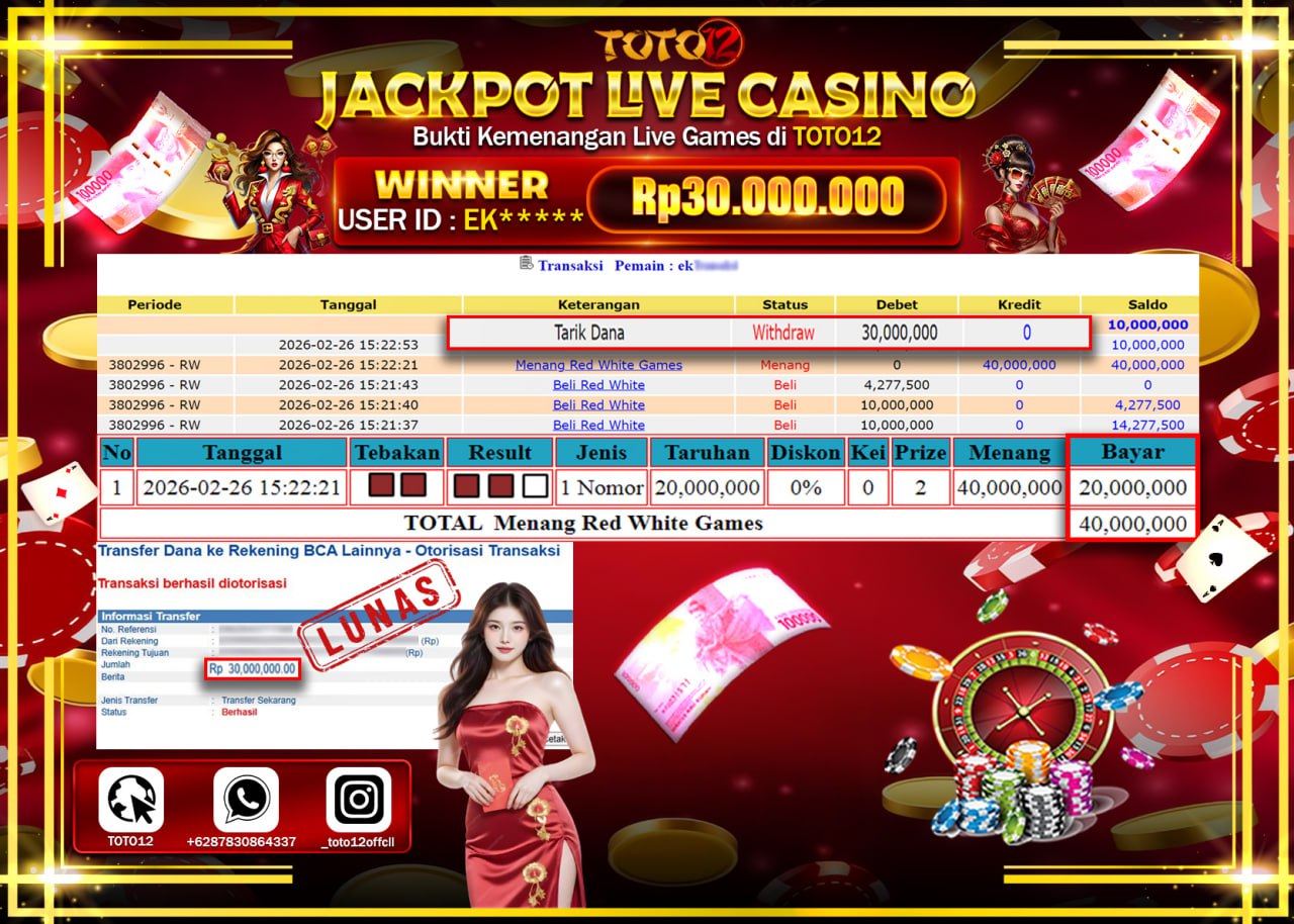 HANYA DI TOTO12 JP PASTI DI BAYAR LUNAS DAN CEPAT!!!!!! JACKPOT  LIVE GAME CASINO (RED WHITE) Rp.30.000.000!!!!