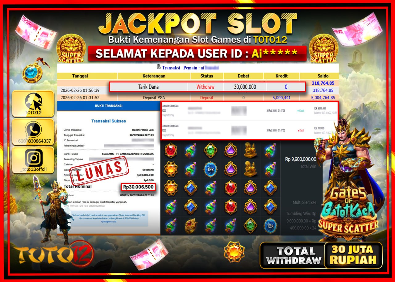 HANYA DI TOTO12 JP PASTI DI BAYAR LUNAS DAN CEPAT!!!!!! JACKPOT SLOT GAME (GATES OF GATOT KACA SUPER SCATTER) Rp.30.000.000!!!!