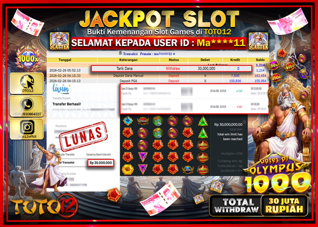 HANYA DI TOTO12 JP PASTI DI BAYAR LUNAS DAN CEPAT!!!!!! JACKPOT SLOT GAME (GATES OF OLYMPUS 1000) Rp.30.000.000!!!!