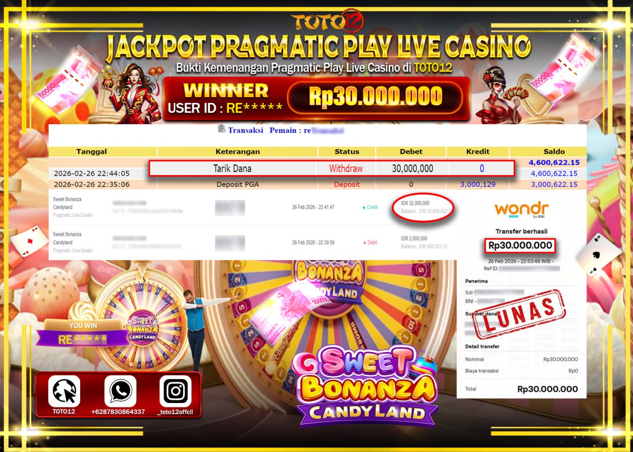 HANYA DI TOTO12 JP PASTI DI BAYAR LUNAS DAN CEPAT!!!!!! JACKPOT PRAGMATIC PLAY LIVE GAME CASINO (SWEET BONANZA CANDY LAND ) Rp.30.000.000!!!!