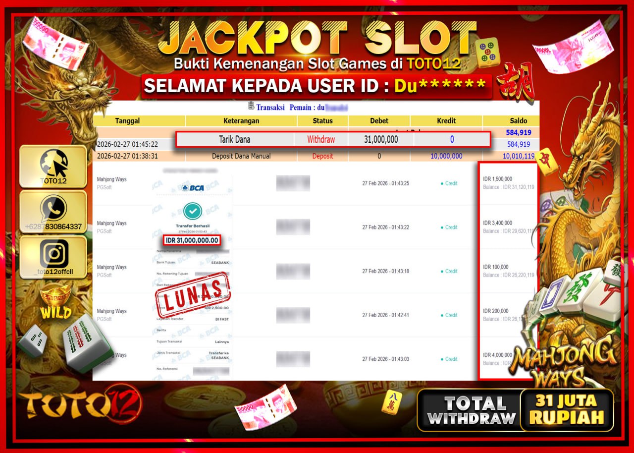 HANYA DI TOTO12 JP PASTI DI BAYAR LUNAS DAN CEPAT!!!!!! JACKPOT SLOT GAME (MAHJONG WAYS) Rp.31.000.000!!!!