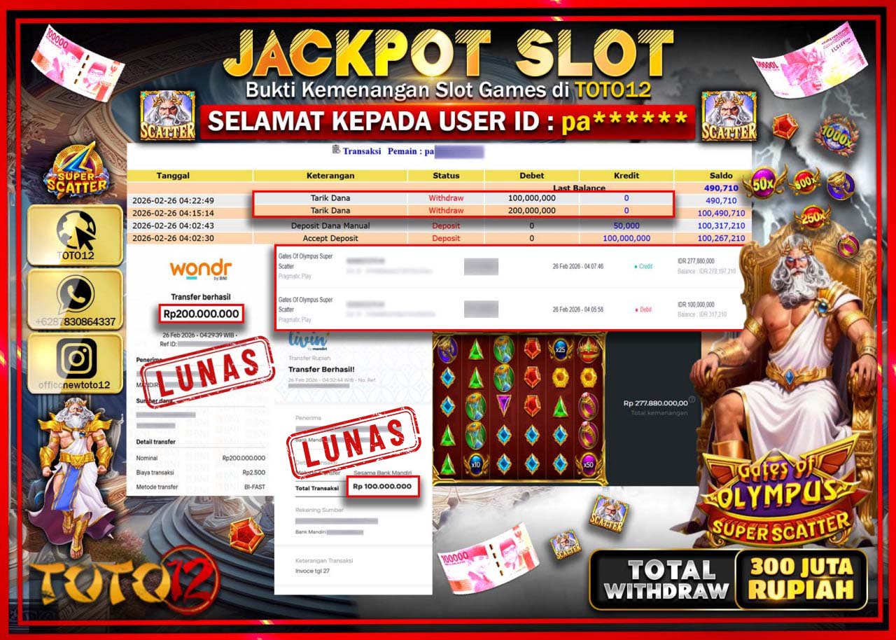 HANYA DI TOTO12 JP PASTI DI BAYAR LUNAS DAN CEPAT!!!!!! JACKPOT SLOT GAME (GATES OF OLYMPUS SUPER SCATTER) Rp.300.000.000!!!!