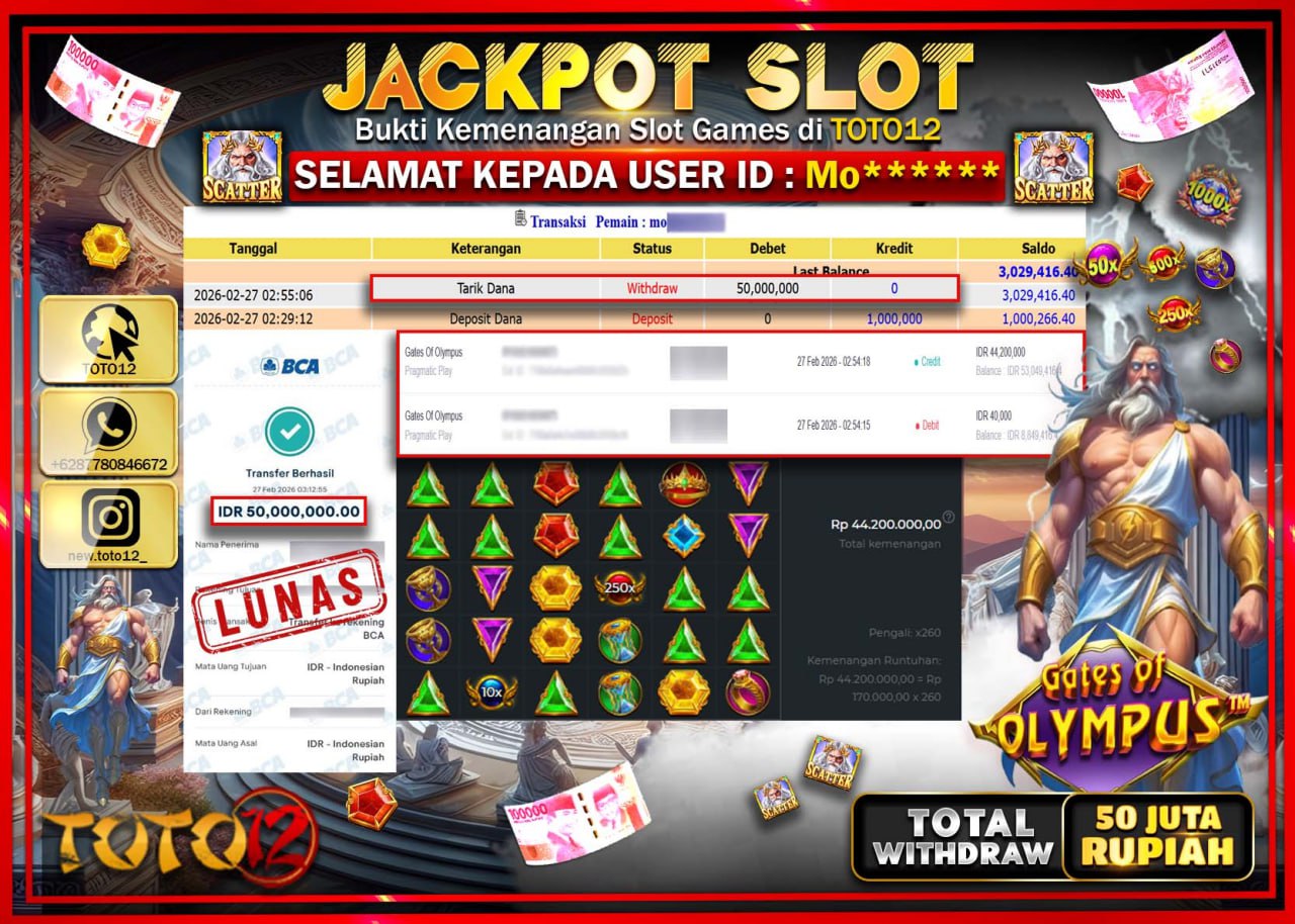 HANYA DI TOTO12 JP PASTI DI BAYAR LUNAS DAN CEPAT!!!!!! JACKPOT SLOT GAME (GATES OF OLYMPUS) Rp.50.000.000!!!!