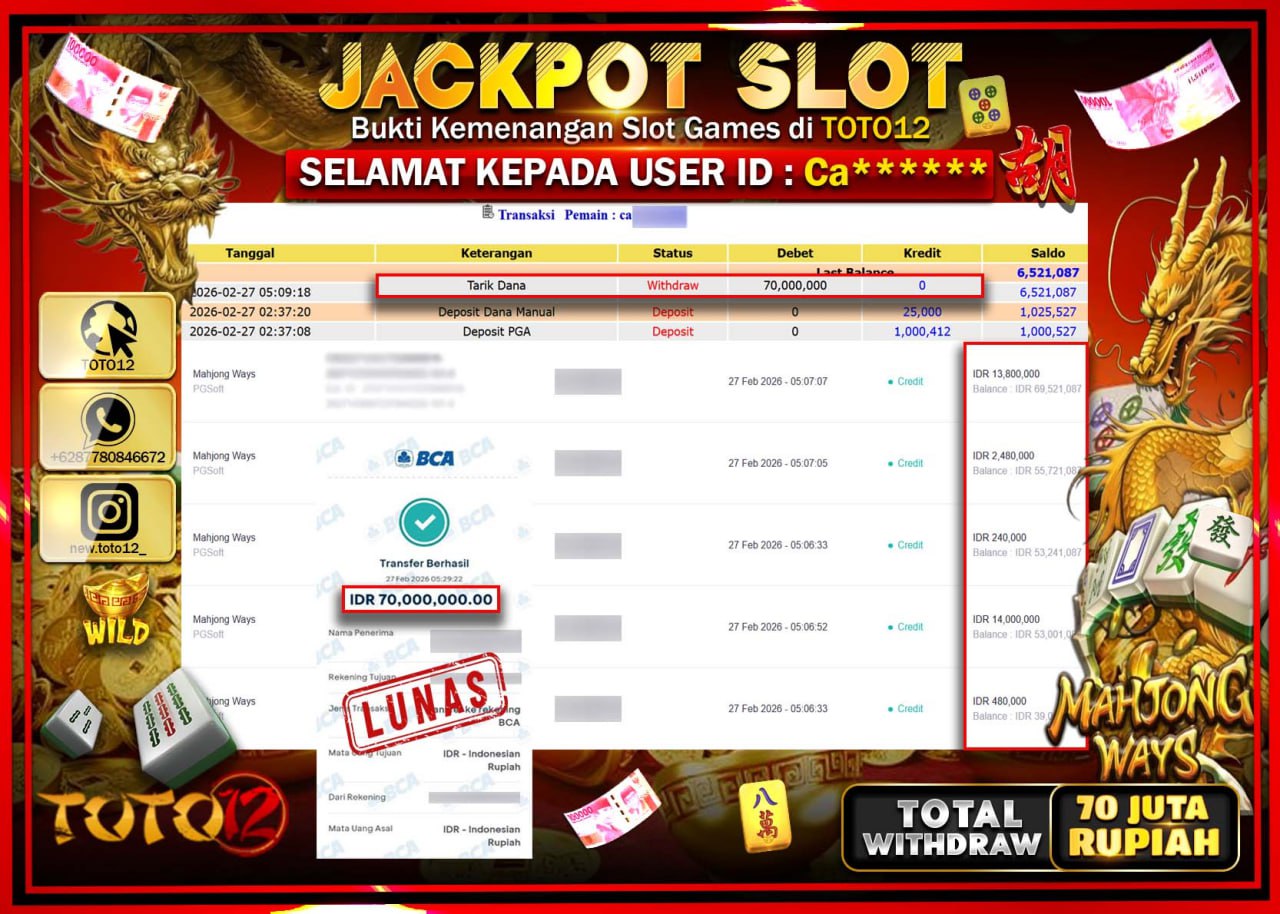 HANYA DI TOTO12 JP PASTI DI BAYAR LUNAS DAN CEPAT!!!!!! JACKPOT SLOT GAME (MAHJONG WAYS) Rp.70.000.000!!!!