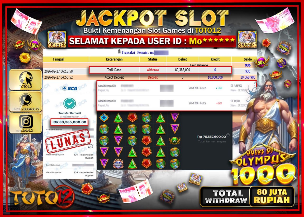 HANYA DI TOTO12 JP PASTI DI BAYAR LUNAS DAN CEPAT!!!!!! JACKPOT SLOT GAME (GATES OF OLYMPUS 1000) Rp.80.385.000!!!!