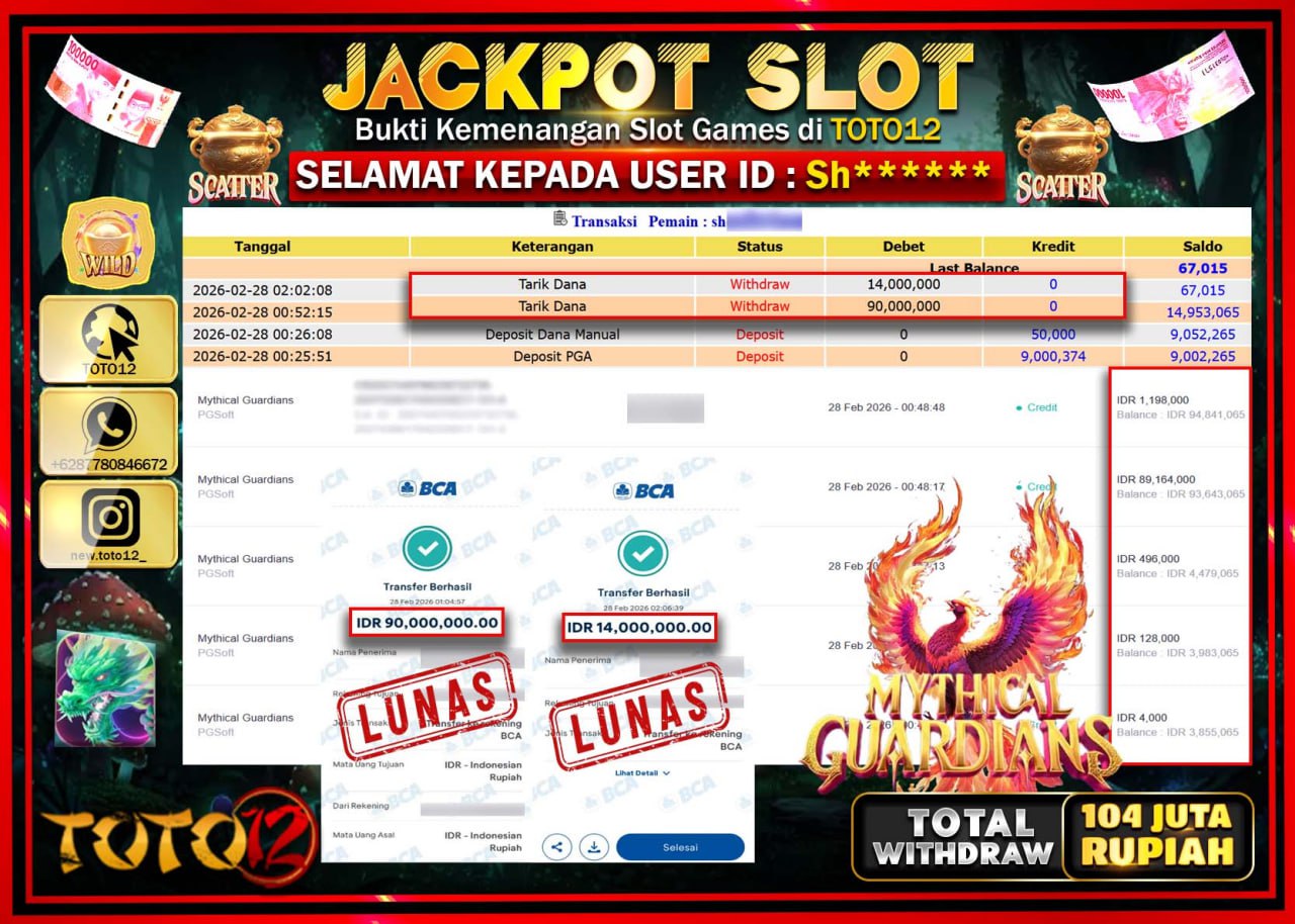 HANYA DI TOTO12 JP PASTI DI BAYAR LUNAS DAN CEPAT!!!!!! JACKPOT SLOT GAME (MYTHICAL GUARDIANS) Rp.104.000.000!!!!