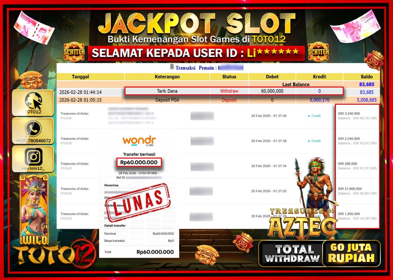 HANYA DI TOTO12 JP PASTI DI BAYAR LUNAS DAN CEPAT!!!!!! JACKPOT SLOT GAME (TREASURES OF AZTEC) Rp.60.000.000!!!!