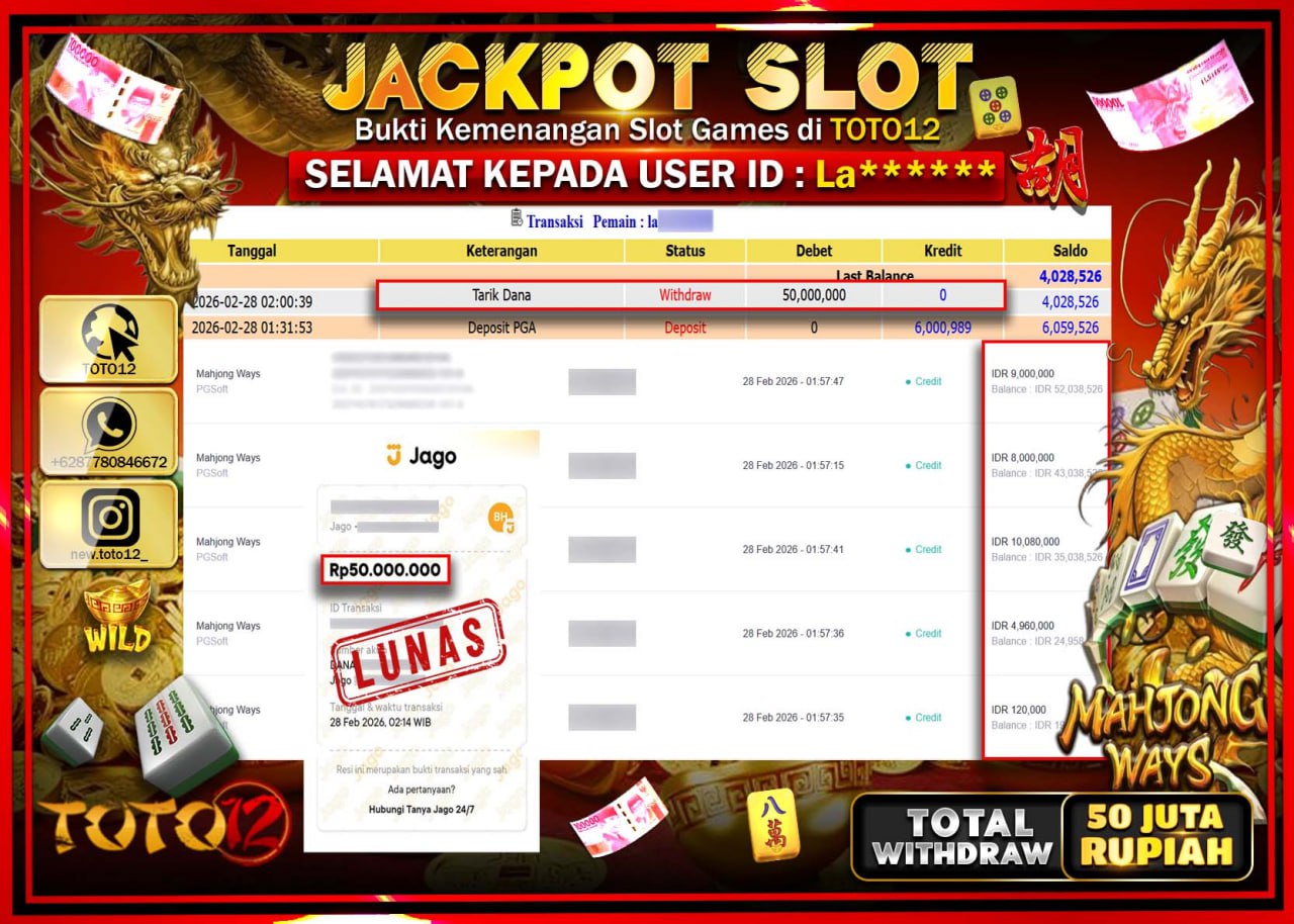 HANYA DI TOTO12 JP PASTI DI BAYAR LUNAS DAN CEPAT!!!!!! JACKPOT SLOT GAME (MAHJONG WAYS) Rp.50.000.000!!!!