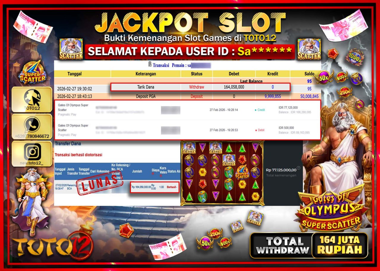 HANYA DI TOTO12 JP PASTI DI BAYAR LUNAS DAN CEPAT!!!!!! JACKPOT SLOT GAME (GATES OF OLYMPUS SUPER SCATTER) Rp.164.058.000!!!!