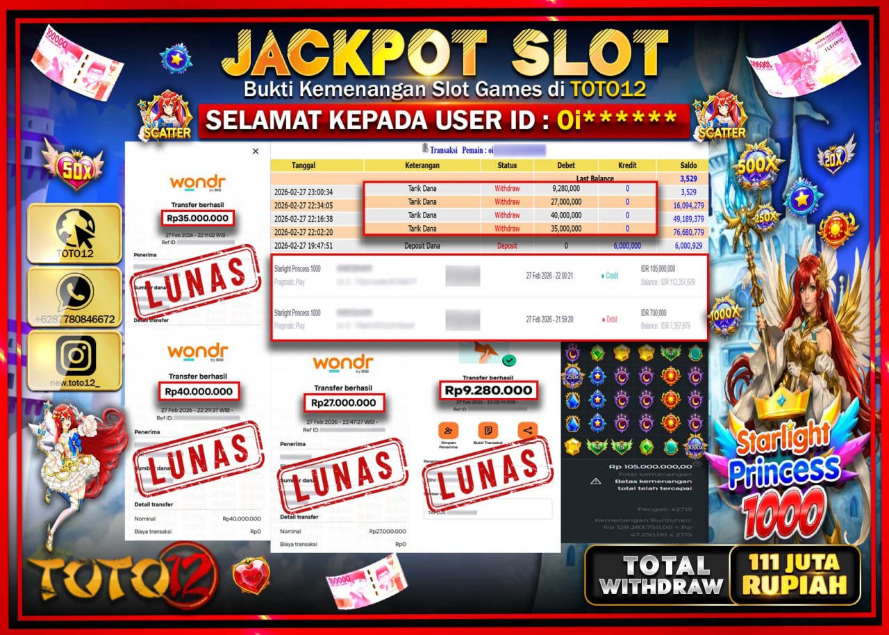 HANYA DI TOTO12 JP PASTI DI BAYAR LUNAS DAN CEPAT!!!!!! JACKPOT SLOT GAME (STARLIGHT PRINCESS 1000) Rp.111.280.000!!!!