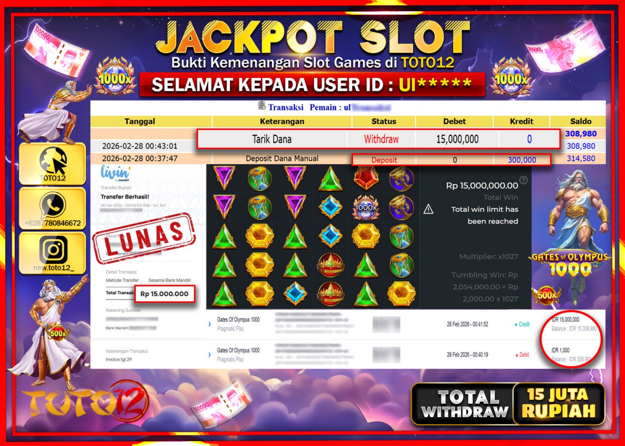 HANYA DI TOTO12 JP PASTI DI BAYAR LUNAS DAN CEPAT!!!!!! JACKPOT SLOT GAME (GATES OF OLYMPUS 1000) Rp.15.000.000!!!!