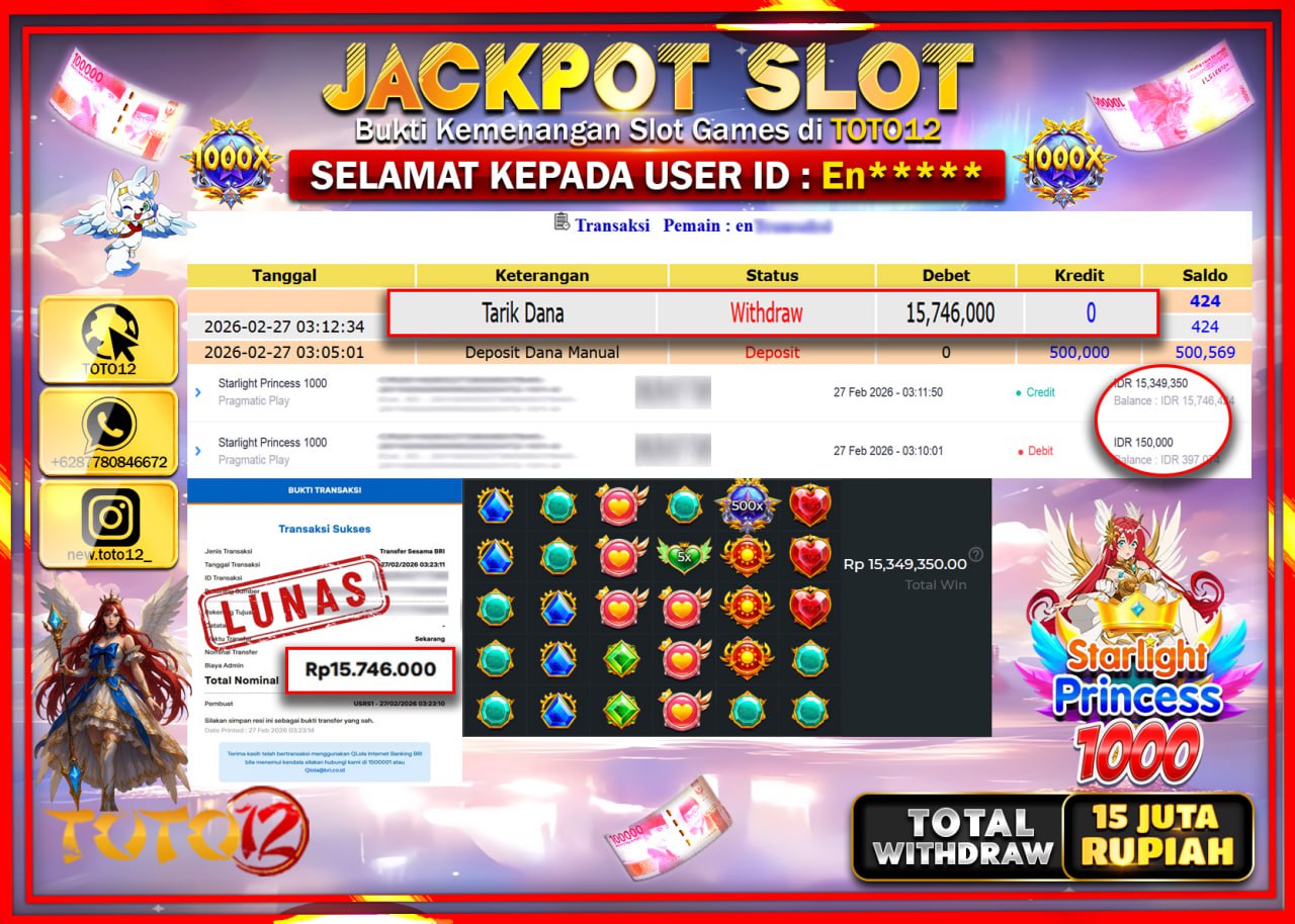 HANYA DI TOTO12 JP PASTI DI BAYAR LUNAS DAN CEPAT!!!!!! JACKPOT SLOT GAME (STARLIGHT PRINCESS 1000) Rp.15.746.000!!!!