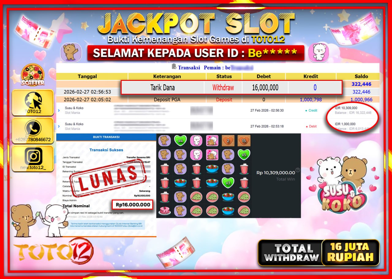 HANYA DI TOTO12 JP PASTI DI BAYAR LUNAS DAN CEPAT!!!!!! JACKPOT SLOT GAME (SUSU KOKO) Rp.16.000.000!!!!