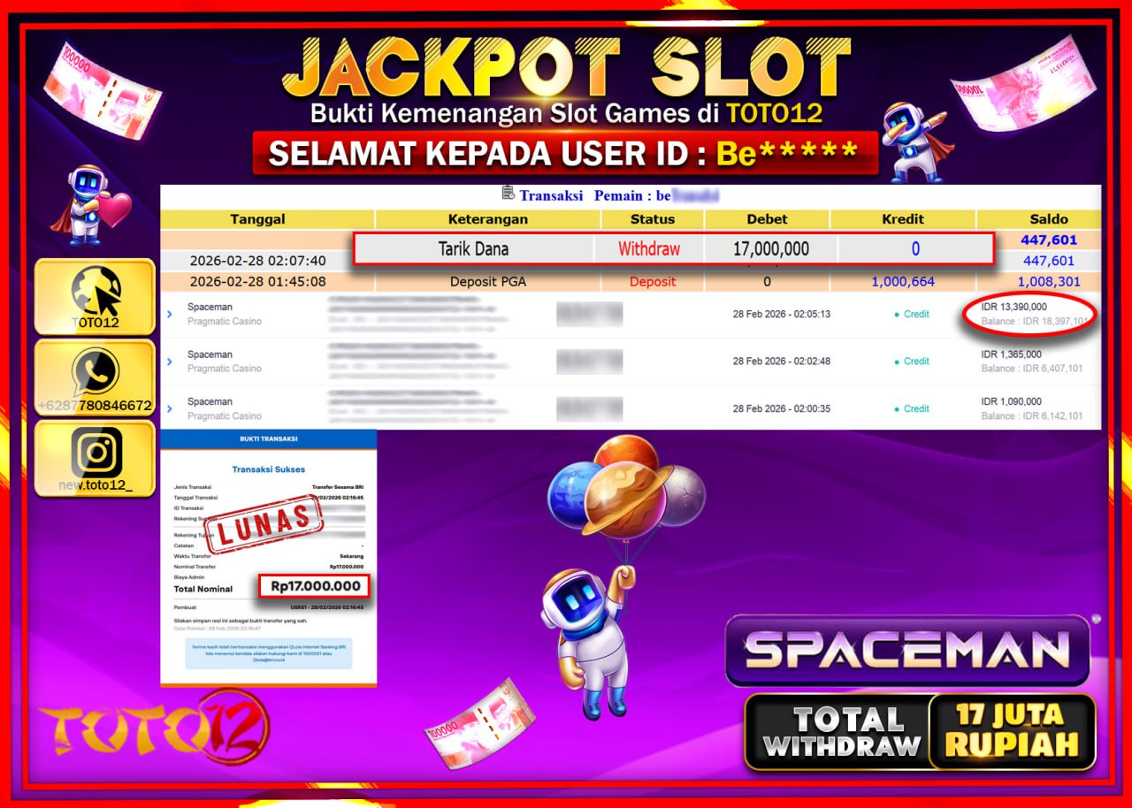 HANYA DI TOTO12 JP PASTI DI BAYAR LUNAS DAN CEPAT!!!!!! JACKPOT SLOT GAME (SPACEMAN) Rp.17.000.000!!!!