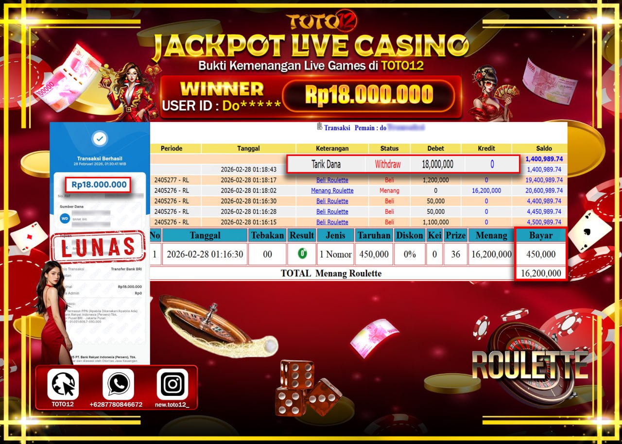 HANYA DI TOTO12 JP PASTI DI BAYAR LUNAS DAN CEPAT!!!!!! JACKPOT LIVE GAMES CASINO(ROULETTE) Rp.18.000.000!!!!