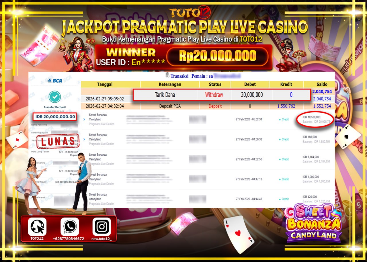 HANYA DI TOTO12 JP PASTI DI BAYAR LUNAS DAN CEPAT!!!!!! JACKPOT PRAGMATIC PLAY LIVE GAME CASINO (SWEET BONANZA CANDYLAND) Rp.20.000.000!!!!