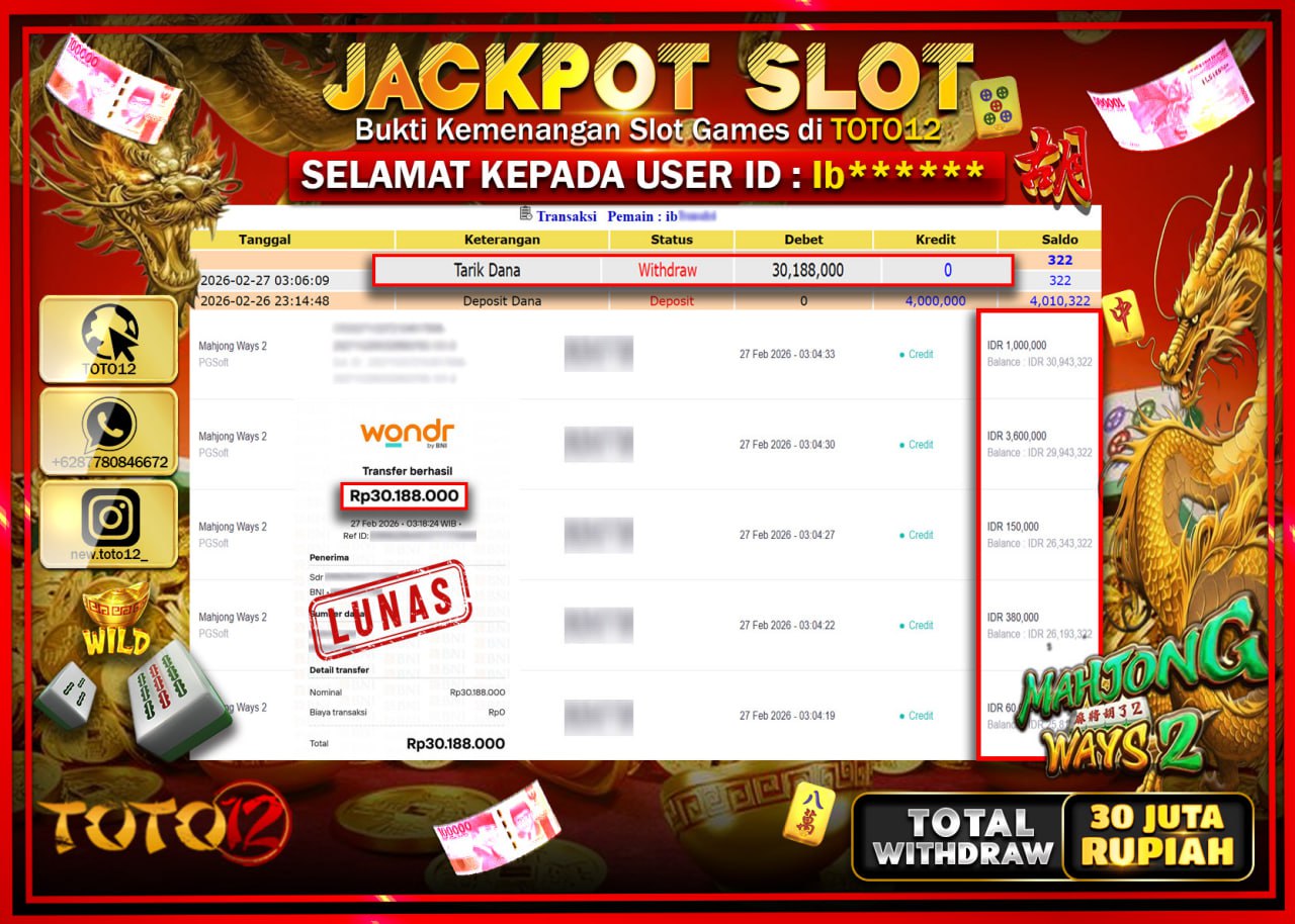 HANYA DI TOTO12 JP PASTI DI BAYAR LUNAS DAN CEPAT!!!!!! JACKPOT SLOT GAME (MAHJONG WAYS 2) Rp.30.188.000!!!!