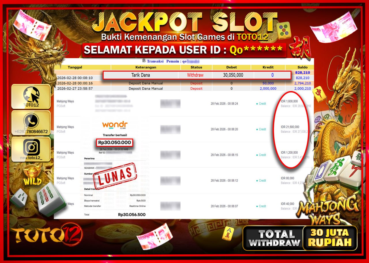 HANYA DI TOTO12 JP PASTI DI BAYAR LUNAS DAN CEPAT!!!!!! JACKPOT SLOT GAME (MAHJONG WAYS) Rp.30.050.000!!!!
