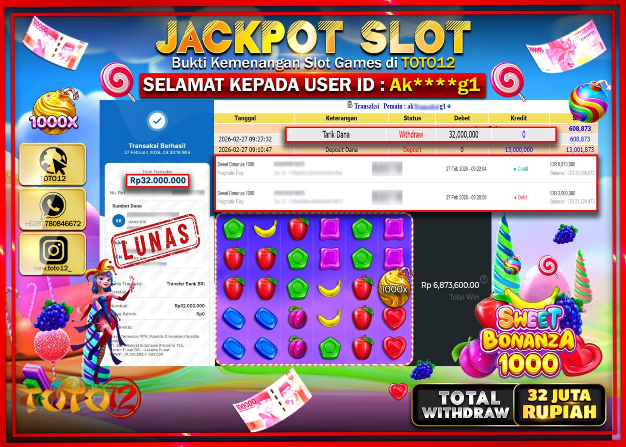 HANYA DI TOTO12 JP PASTI DI BAYAR LUNAS DAN CEPAT!!!!!! JACKPOT SLOT GAME (SWEET BONANZA 1000) Rp.32.000.000!!!!