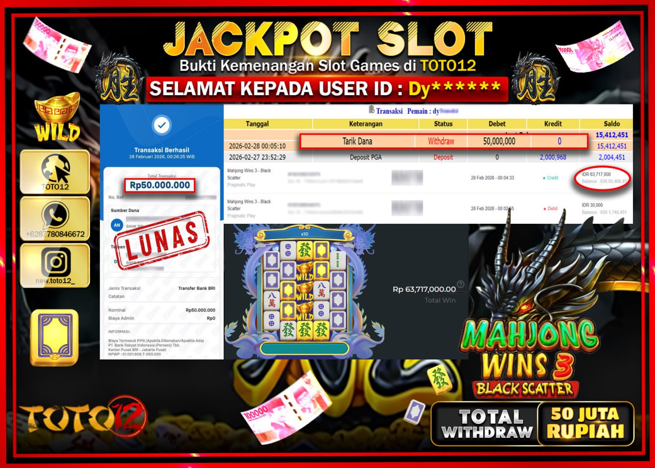 HANYA DI TOTO12 JP PASTI DI BAYAR LUNAS DAN CEPAT!!!!!! JACKPOT SLOT GAME (MAHJONG WINS 3 BLACK SCATTER) Rp.50.000.000!!!!