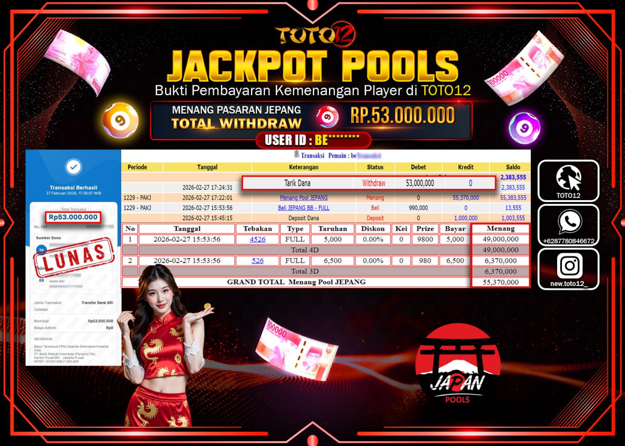 HANYA DI TOTO12 JP PASTI DI BAYAR LUNAS DAN CEPAT!!!!!! JACKPOT POOLS PASARAN (JEPANG) Rp.53.000.000!!!!