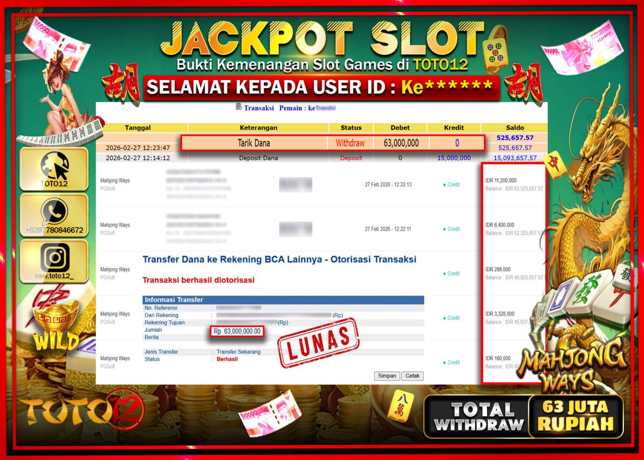 HANYA DI TOTO12 JP PASTI DI BAYAR LUNAS DAN CEPAT!!!!!! JACKPOT SLOT GAME (MAHJONG WAYS) Rp.63.000.000!!!!