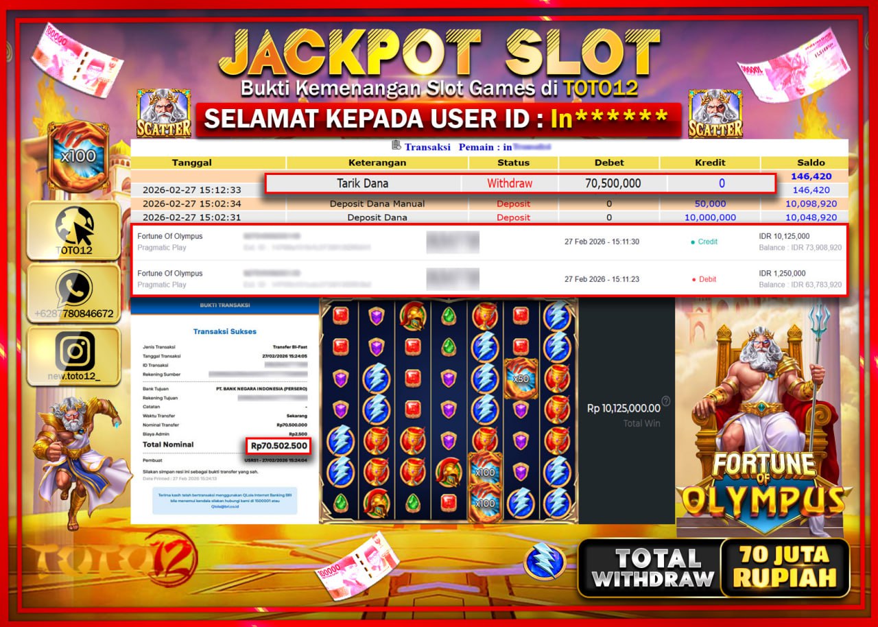 HANYA DI TOTO12 JP PASTI DI BAYAR LUNAS DAN CEPAT!!!!!! JACKPOT SLOT GAME (FORTUNE OF OLYMPUS) Rp.70.500.000!!!!