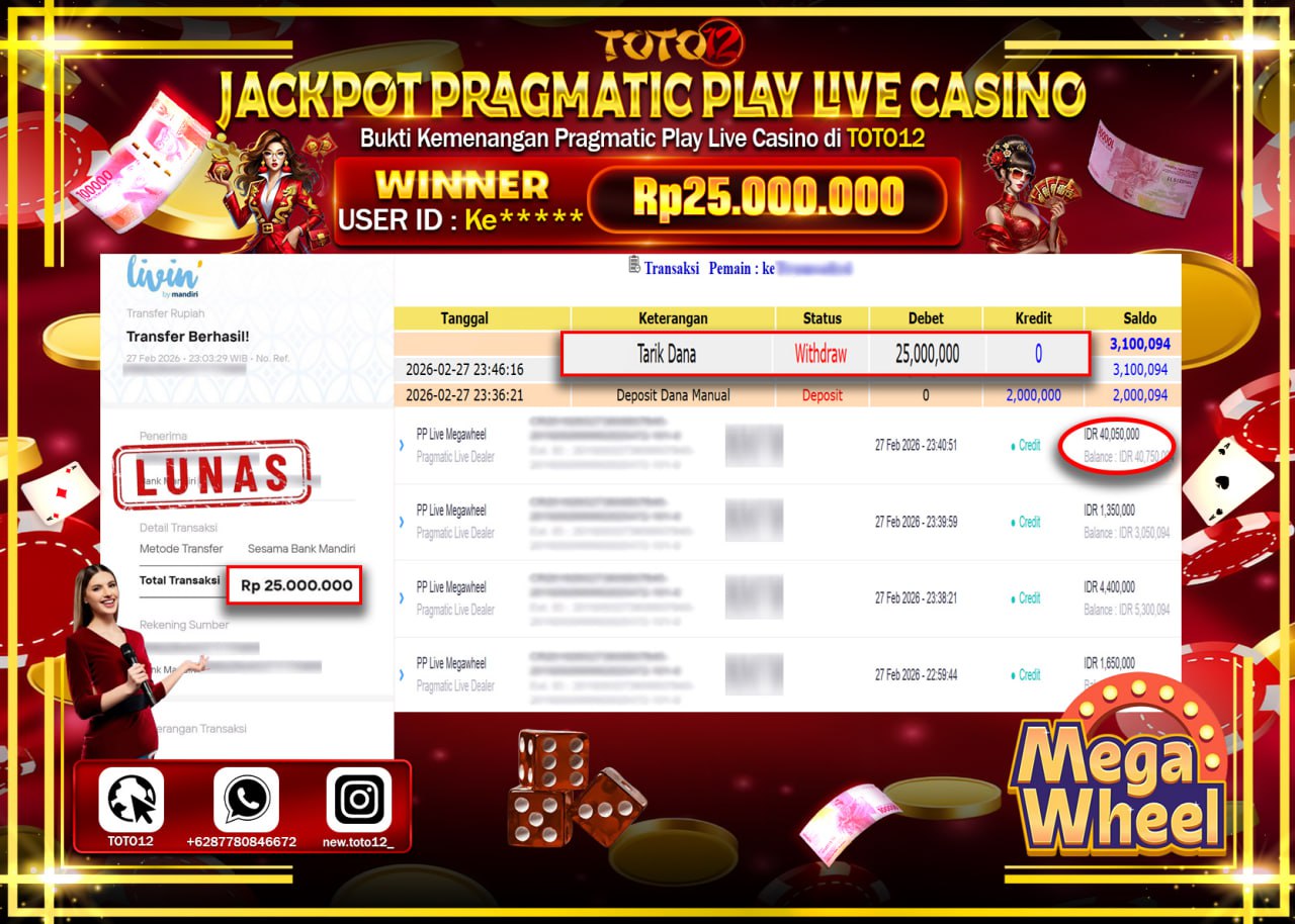 HANYA DI TOTO12 JP PASTI DI BAYAR LUNAS DAN CEPAT!!!!!! JACKPOT PRAGMATIC PLAY LIVE GAME CASINO (MEGA WHEEL) Rp.25.000.000!!!!
