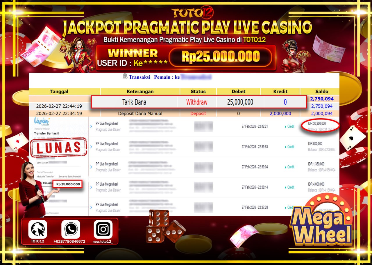 HANYA DI TOTO12 JP PASTI DI BAYAR LUNAS DAN CEPAT!!!!!! JACKPOT PRAGMATIC PLAY LIVE GAME CASINO (MEGA WHEEL) Rp.25.000.000!!!!