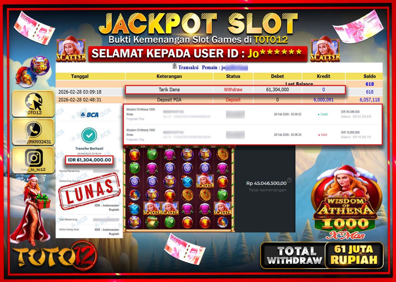 HANYA DI TOTO12 JP PASTI DI BAYAR LUNAS DAN CEPAT!!!!!! JACKPOT SLOT GAME (WISDOM ATHENA 1000 XMAS) Rp.61.304.000!!!!