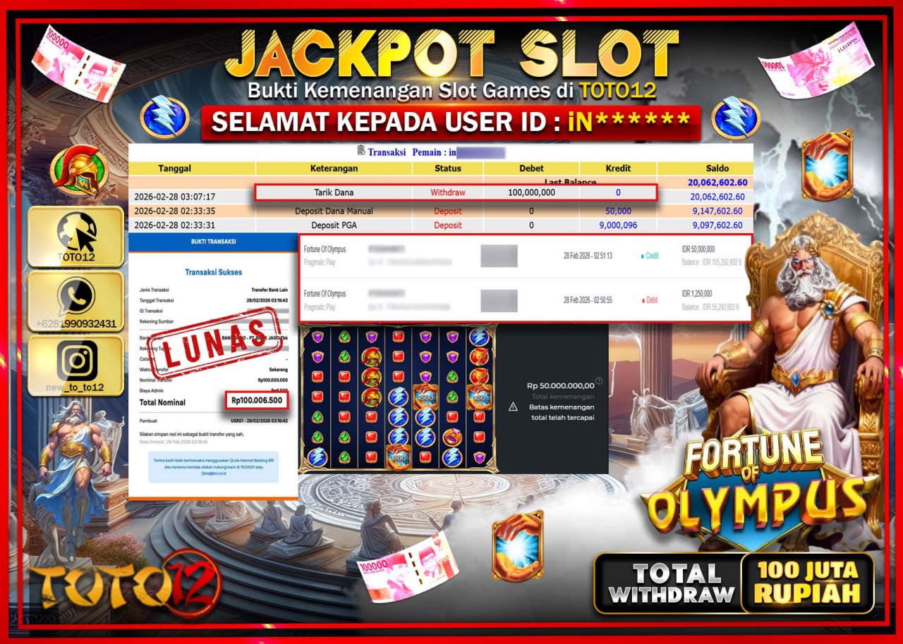 HANYA DI TOTO12 JP PASTI DI BAYAR LUNAS DAN CEPAT!!!!!! JACKPOT SLOT GAME (FORTUNE OF OLYMPUS) Rp.100.000.000!!!!