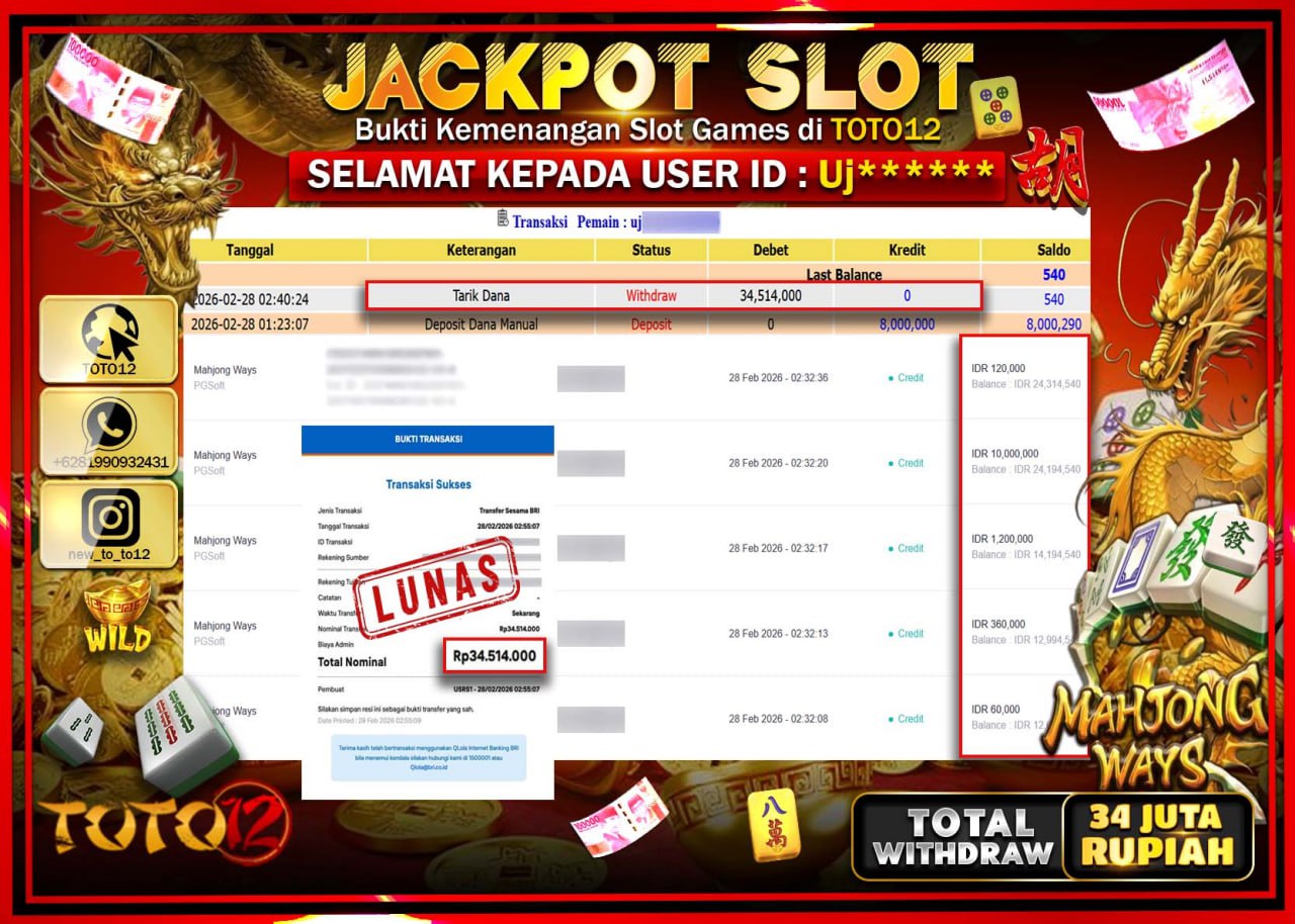 HANYA DI TOTO12 JP PASTI DI BAYAR LUNAS DAN CEPAT!!!!!! JACKPOT SLOT GAME (MAHJONG WAYS) Rp.34.514.000!!!!